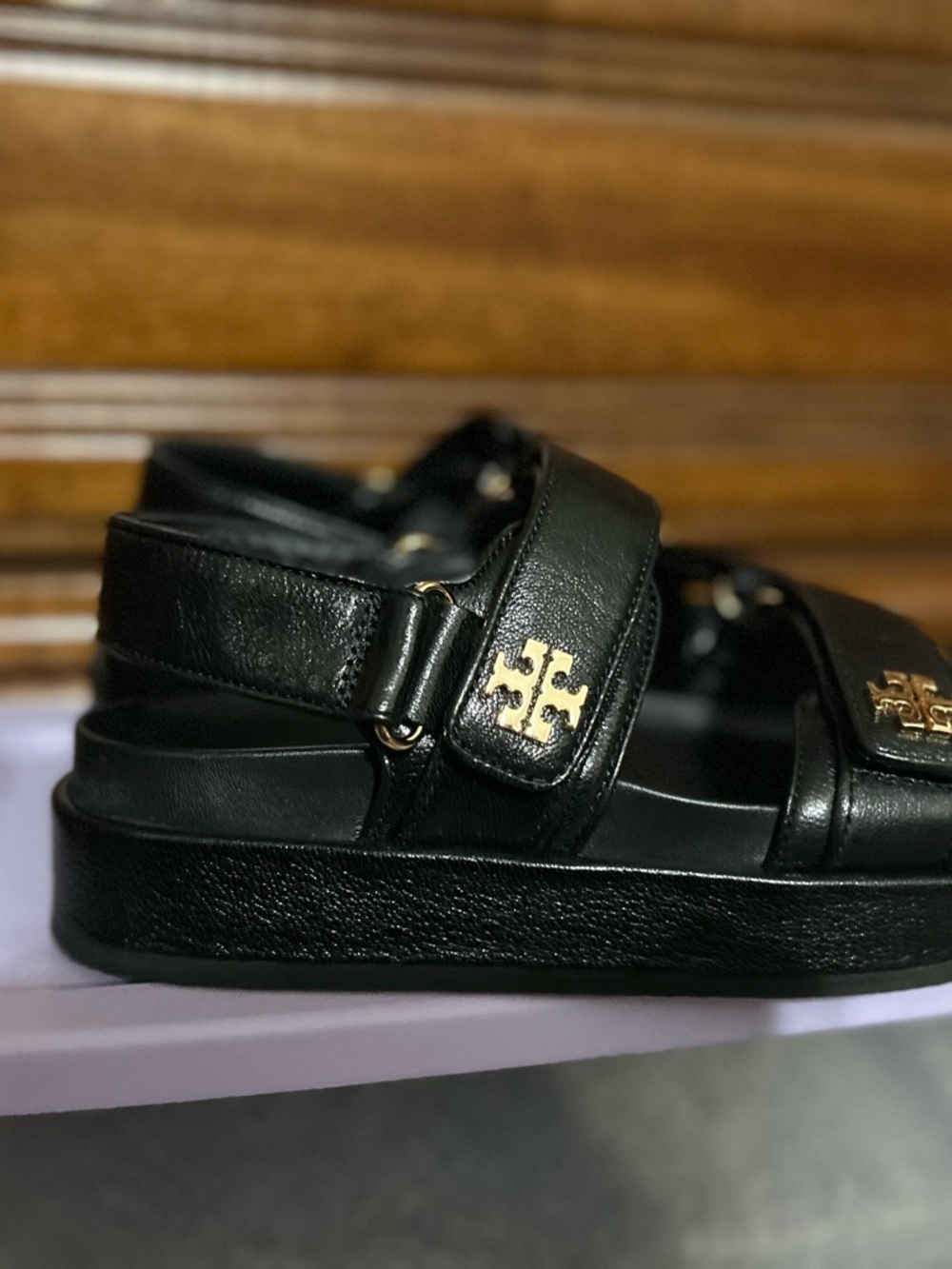 Tory Burch Black Leather Sandals with Gold Logo